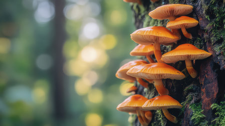 A collection of vibrant orange mushrooms growing on the rough bark of a tree, set against a soft focus green forest background, creating a serene wildlife scene.の素材