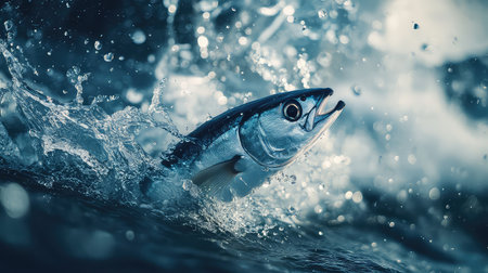 A stunning image of a freshwater fish leaping from the water, creating a dramatic splash, showcasing the beauty and energy of aquatic life in vibrant blue surroundings.の素材