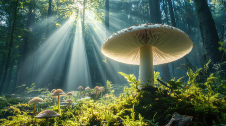 A giant mushroom stands majestically in a verdant forest, illuminated by soft sunlight filtering through the trees. This serene scene showcases the beauty of nature, with rays of light casting enchanting shadows.の素材