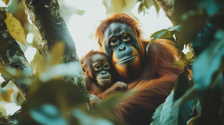 A touching scene showcasing a mother orangutan gently embracing her baby while surrounded by the verdant foliage of their natural habitat.の素材