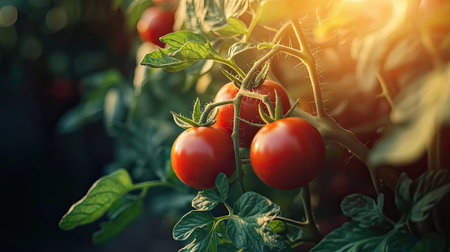 Bright and vibrant red tomatoes growing on lush green vines, illuminated by warm sunlight, showcasing the beauty of nature and healthy gardening.の素材