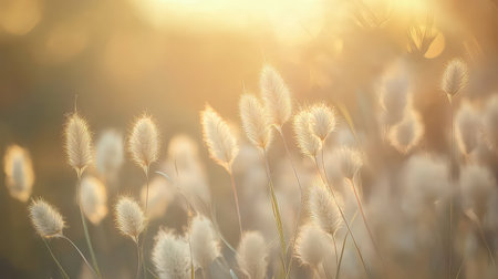 A serene view of soft grasses illuminated by golden sunlight creates a tranquil atmosphere in a natural setting, perfect for artistic projects.の素材