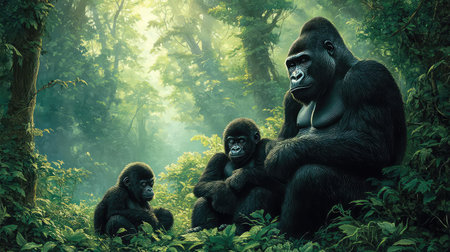 A captivating scene featuring a family of gorillas resting in a verdant jungle, illuminated by soft sunlight, showcasing their bond and habitat.の素材