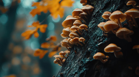A stunning close-up of mushrooms thriving on a weathered tree trunk surrounded by vibrant autumn leaves, creating a tranquil forest scene.の素材