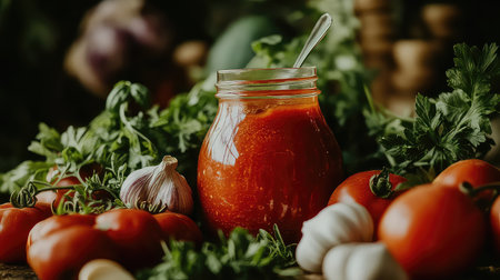 A captivating image of fresh tomato sauce in a glass jar, surrounded by aromatic herbs, garlic, and ripe tomatoes on a rustic wooden table. Perfect for food enthusiasts.の素材