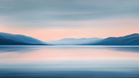 An enchanting landscape featuring a tranquil lake reflecting soft pastel colors of the sky at dusk, surrounded by gentle mountains showcasing the beauty of nature.の素材