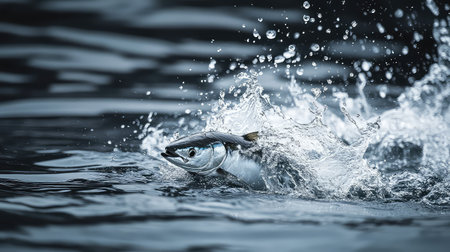 A captivating image showing a fish leaping out of water, creating dramatic splashes and ripples. The scene highlights the fluid beauty of aquatic life in its natural habitat.の素材