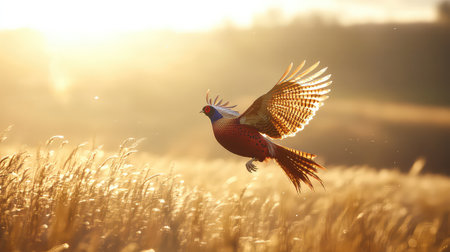 A stunning pheasant takes flight against a radiant sunrise, showcasing its vibrant feathers in a field of golden grass, capturing the beauty of nature.の素材