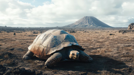 A giant tortoise crawls across a barren landscape, with a majestic volcano rising in the distance under a dramatic, cloudy sky, showcasing nature's beauty.の素材