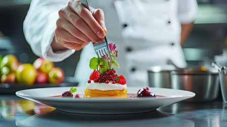 A skilled chef meticulously plates a gourmet dessert adorned with fresh berries and herbs, showcasing culinary artistry in a modern kitchen environment.の素材