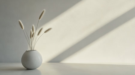 This captivating image features a minimalist white vase holding dried grass, creating a serene atmosphere with natural light and soft shadows.の素材