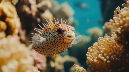 A vibrant spotted puffer fish gracefully swims through colorful coral formations in a clear ocean environment, showcasing the beauty of marine life.の素材