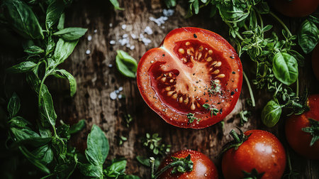 A vibrant slice of tomato sits on a rustic wooden table, surrounded by fresh herbs and sea salt. This image captures the essence of healthy cooking and culinary creativity.の素材