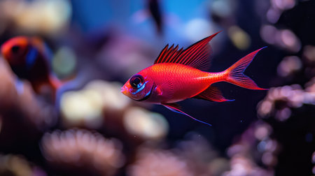 A striking red fish glides through a colorful coral reef, showcasing its vibrant scales and graceful movements in a stunning underwater environment.の素材