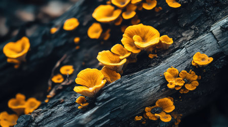 A captivating close-up image of vibrant yellow mushrooms thriving on dark tree bark, showcasing nature's intricate beauty during autumn.の素材