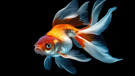 This captivating image features a vibrant goldfish swimming elegantly in dark waters, showcasing its exquisite fins and colorful scales.の素材