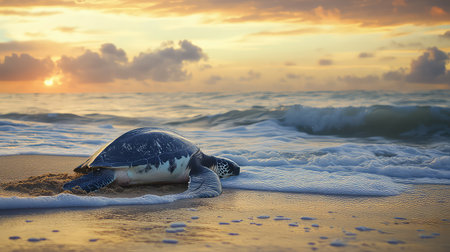 A sea turtle makes its way across a sandy beach during a stunning sunset, with gentle waves lapping at the shore, creating a peaceful natural scene.の素材