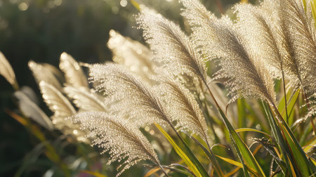 A close-up view of golden feathery grasses illuminated by soft sunlight, creating a tranquil atmosphere in a beautiful natural setting.の素材