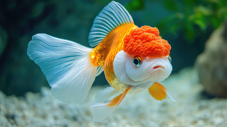 A beautiful close-up image capturing a vibrant goldfish with a unique pom-pom head, swimming gracefully in a freshwater aquarium, surrounded by serene aquatic plants.の素材