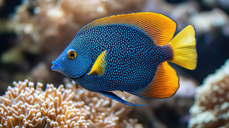 Captivating image of a vibrant blue and orange fish gracefully swimming near a colorful coral reef, showcasing the beauty of underwater marine life.の素材