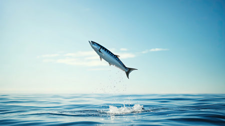 A vibrant fish leaps joyfully from the crystal-clear ocean, creating a splash as sunlight illuminates the scene, embodying nature's beauty and energy.の素材
