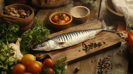 A beautiful arrangement of fresh mackerel fish on a wooden cutting board, surrounded by vibrant tomatoes, herbs, and spices, showcasing a rustic kitchen ambiance perfect for culinary arts.の素材