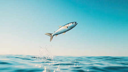A vibrant fish leaps joyfully above the calm ocean surface, creating a splash in the clear blue water under a bright sky, embodying freedom.の素材