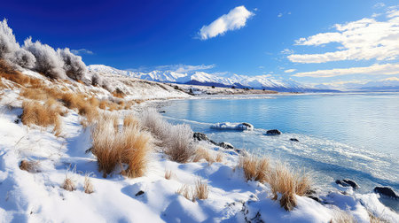 A breathtaking winter landscape showcasing a tranquil icy lake and majestic snowy mountains under a vibrant blue sky, perfect for nature lovers.の素材