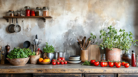 A rustic kitchen counter adorned with fresh tomatoes, vibrant herbs, and assorted kitchen utensils. The natural light enhances the inviting atmosphere, perfect for culinary creativity.の素材