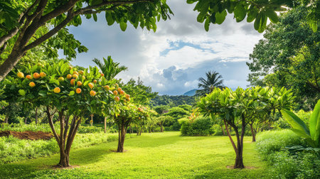 This serene image features a vibrant green orchard filled with orange trees, under a bright blue sky. The peaceful tropical landscape invites nature lovers for relaxation.の素材