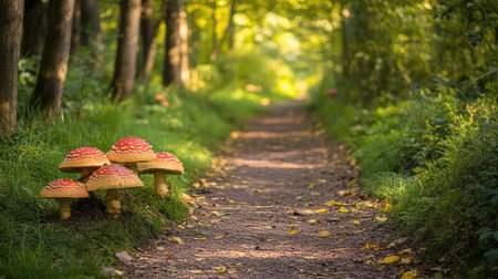A serene woodland path featuring brightly colored mushrooms creates an enchanting scene. The dappled sunlight filtering through the trees enhances this tranquil forest experience.の素材