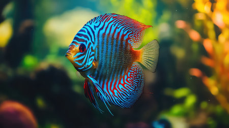 A stunning illustration of a colorful discus fish swimming gracefully in a vibrant aquarium, showcasing its intricate stripes and patterns against an aquatic backdrop.の素材