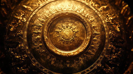 A stunning golden decorative design featuring intricate circular patterns and detailed textures, perfect for artistic projects, backgrounds, or luxury themes.の素材