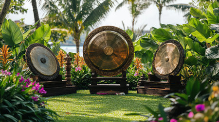 Three beautifully crafted gongs are positioned among lush tropical plants, vibrant flowers, and palm trees, creating a serene and peaceful outdoor atmosphere ideal for relaxation or celebration.の素材