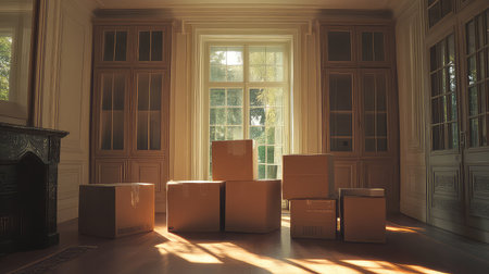 A serene scene featuring moving boxes arranged in an empty room, illuminated by natural light through large windows, creating a warm and inviting atmosphere.の素材