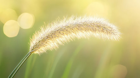 This image features a close-up view of soft feather grass illuminated by sunlight, creating a serene atmosphere with a beautiful bokeh background, perfect for nature-themed projects.の素材