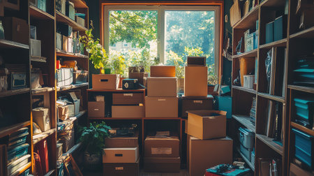 A cozy home office nook featuring well-organized boxes on shelves, with natural light pouring in through a large window and plants adding warmth.の素材