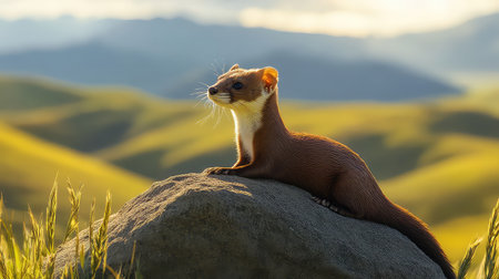 A charming weasel perched on a rock, gazing into the distance with mountains and golden grasslands in the background. The scene captures the essence of wildlife in a serene and picturesque environment.の素材