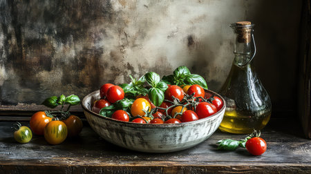 A beautiful still life featuring a bowl of fresh, colorful tomatoes nestled with basil leaves, complemented by a glass bottle of olive oil. Ideal for culinary art.の素材