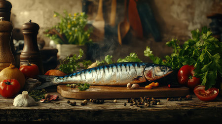 A beautifully arranged scene showcasing freshly grilled mackerel on a wooden table, surrounded by colorful vegetables and aromatic herbs, evoking a rustic kitchen vibe.の素材