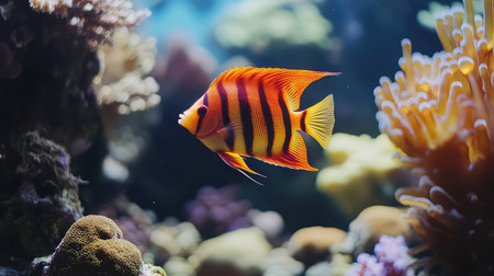 A stunning scene of a colorful striped fish gliding gracefully through a vibrant coral reef, highlighting the beauty and diversity of marine life in a serene underwater environment.の素材