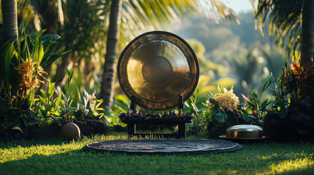 This image showcases a serene outdoor environment featuring a brass gong surrounded by lush foliage and vibrant flowers, inviting relaxation and meditation.の素材