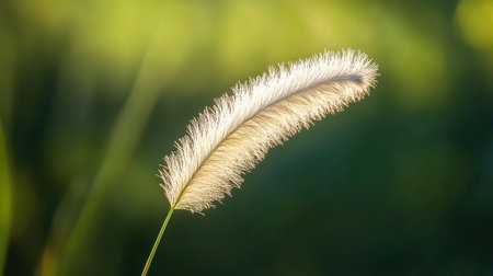 A pristine close-up of a delicate grass plume beautifully illuminated by sunlight, showcasing fine textures against a serene green background.の素材