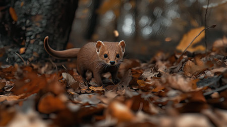 A small brown mammal is seen navigating through the colorful autumn leaves on the forest floor, showcasing its vibrant eyes and curious nature.の素材