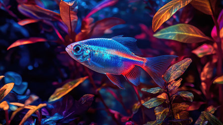 Explore a mesmerizing underwater world with a vivid fish swimming among lush, colorful aquatic plants in this dynamic aquarium setting.の素材