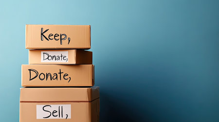 A visually appealing stack of cardboard boxes labeled "Keep," "Donate," and "Sell" sits against a calming blue background. Ideal for themes of organization, minimalism, and decluttering projects.の素材