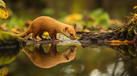 A charming wild animal approaches a calm pond, creating a stunning reflection on the water's surface while surrounded by vibrant autumn leaves and foliage.の素材