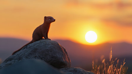 A breathtaking silhouette of a small mammal perched on a rock during a stunning sunset, capturing the beauty of wildlife in its natural habitat.の素材
