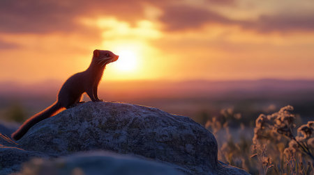 A beautiful small mammal silhouetted against a breathtaking sunset, perched on a rock. This serene natural scene captures the essence of wildlife in its habitat.の素材