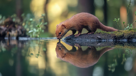 A captivating portrait of a small brown animal near the water's edge, observing its reflection in the serene surface, surrounded by lush woodland.の素材